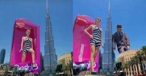 Recent CGI ad of Barbie walking out of her box, compared with Oppenheimer saluting to her